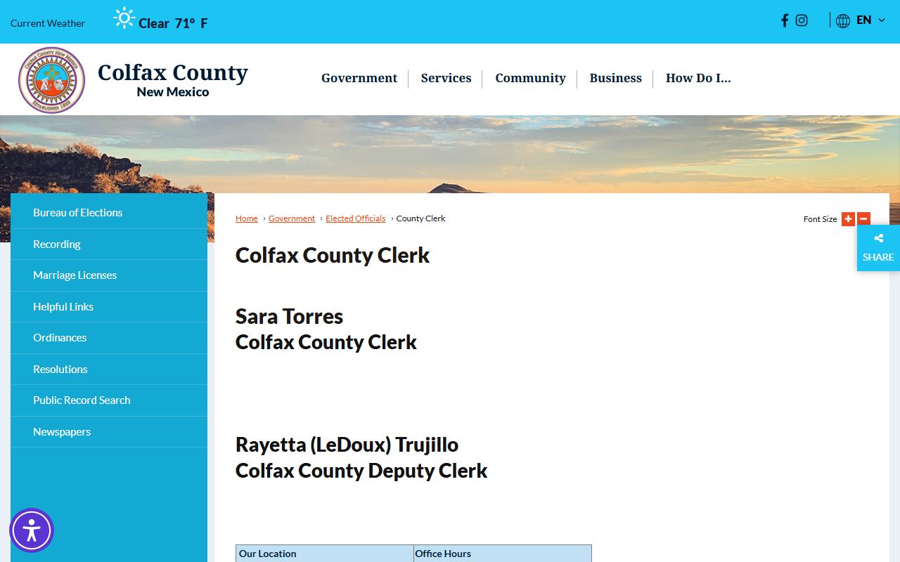 Colfax County Clerk records office page