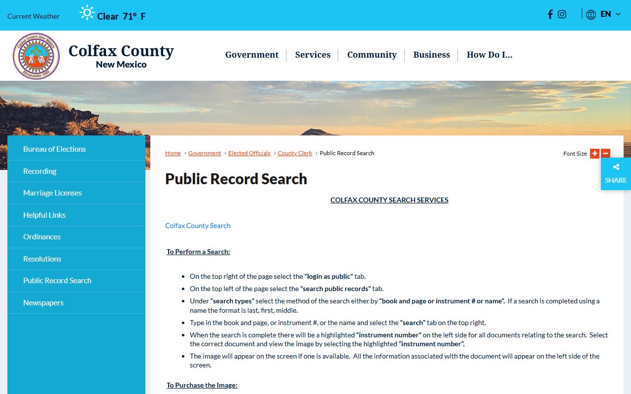 Colfax County Clerk public record search instructions