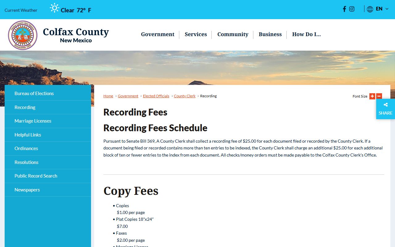 Colfax County Clerk recording and copy fees