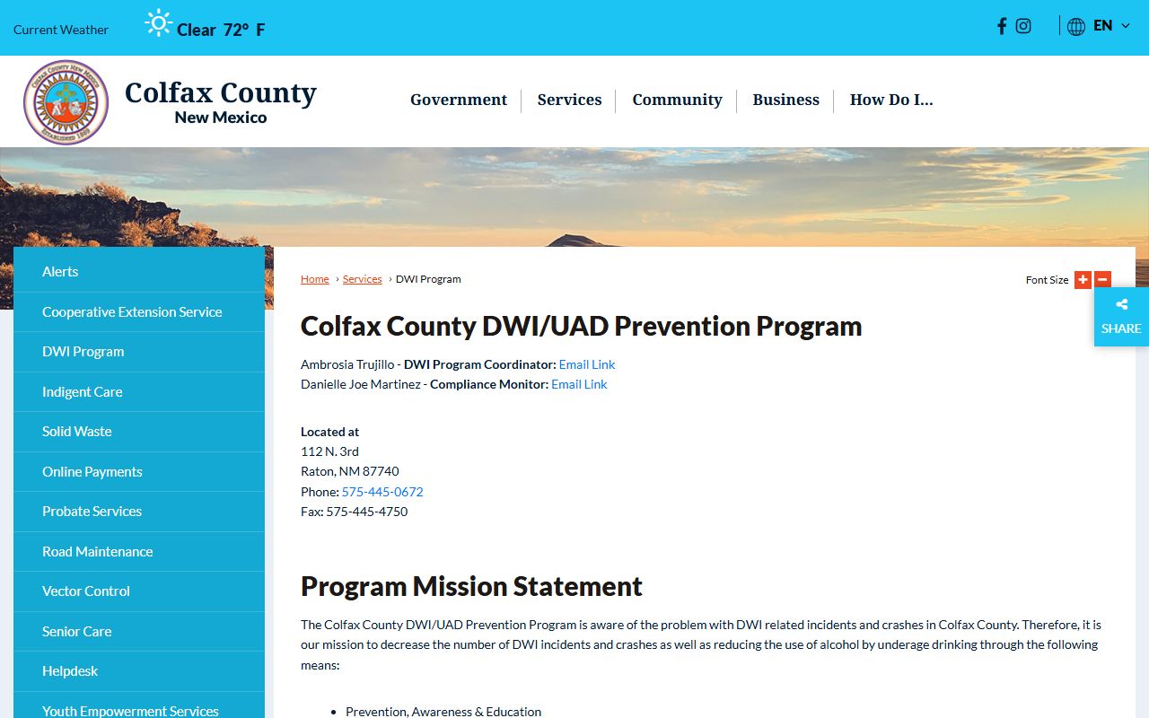 Colfax County arrest records and DWI charge program source