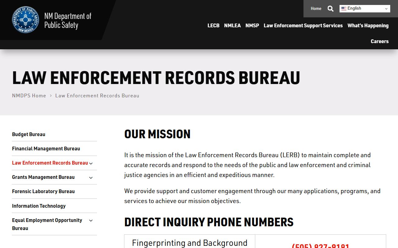 New Mexico DPS Law Enforcement Records Bureau page