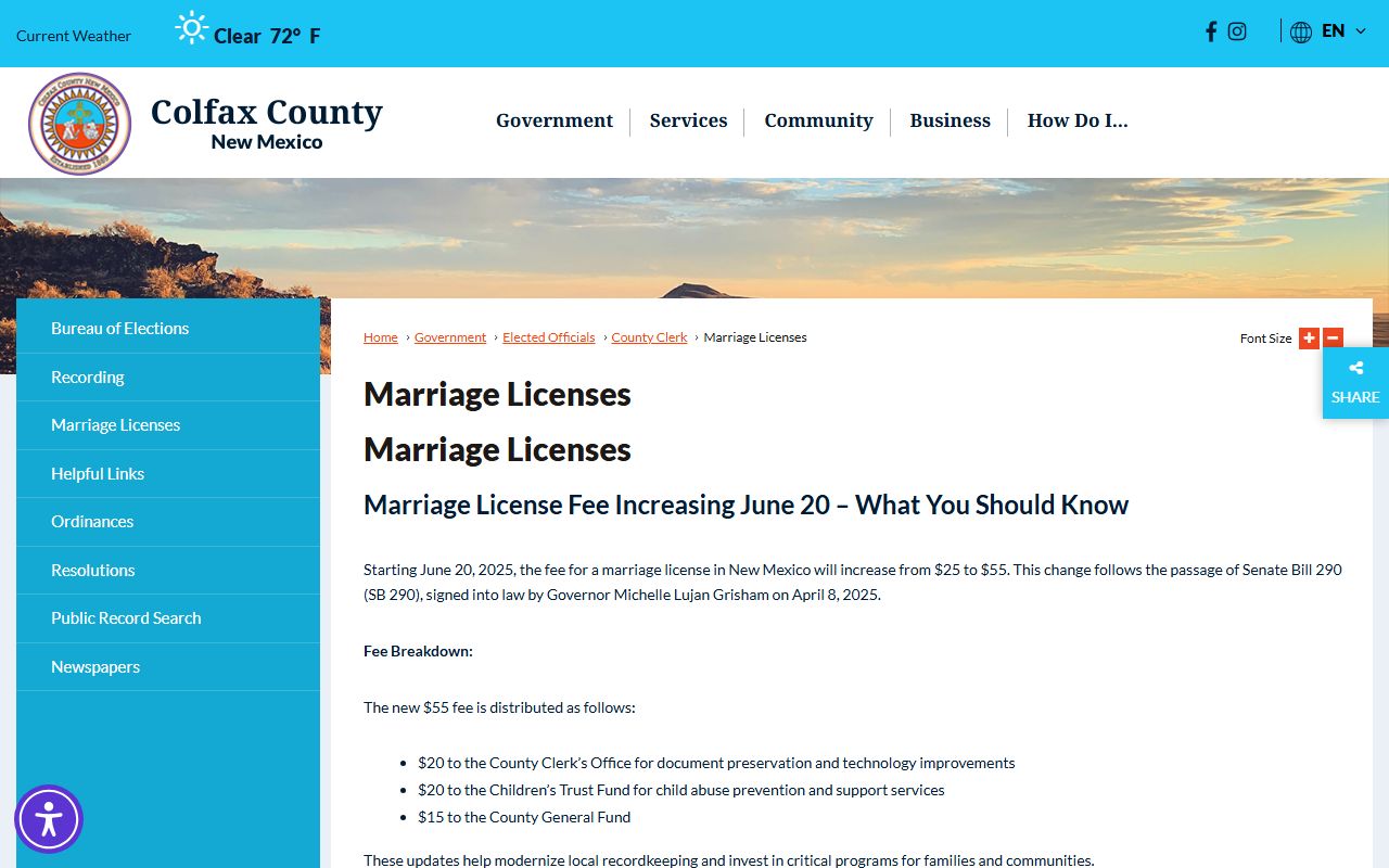 Colfax County marriage records marriage license page