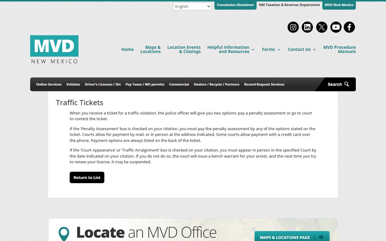 Colfax County traffic court records New Mexico MVD traffic tickets page